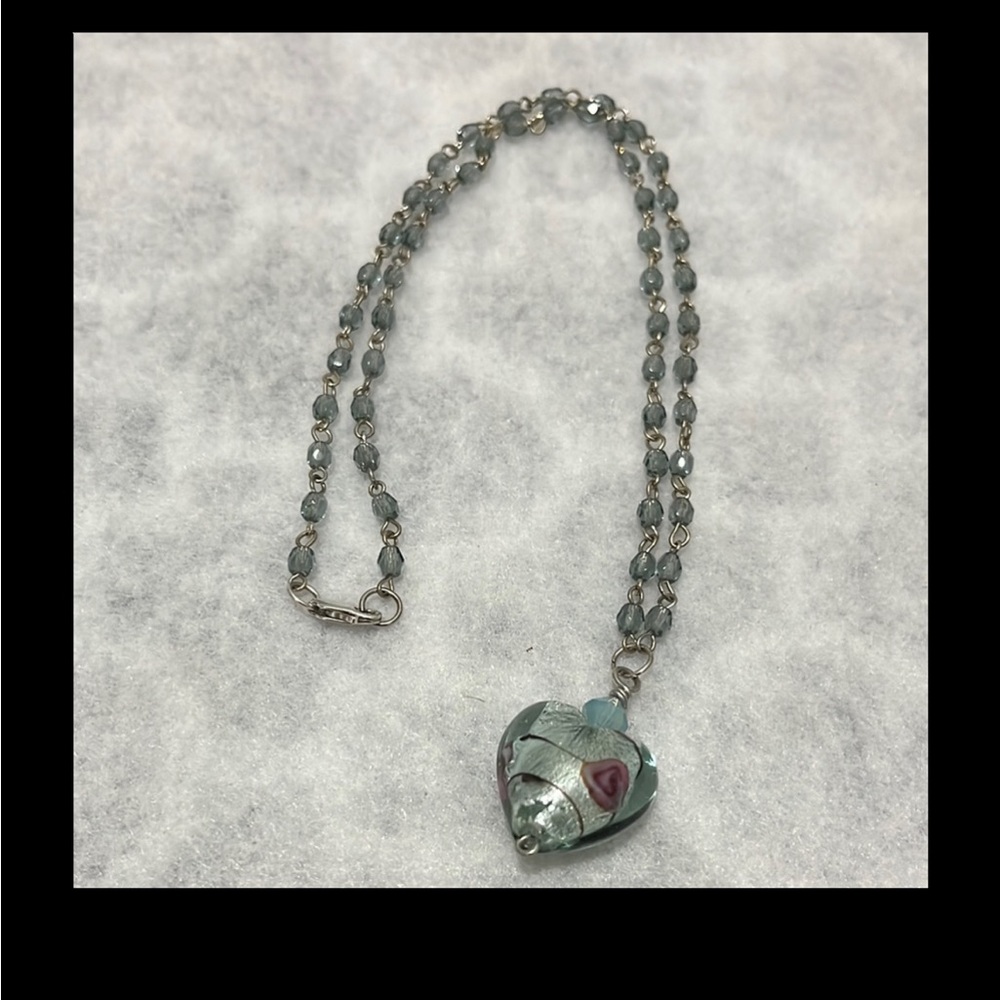 Heart-Shaped Glass Silver & Purple Pendant Necklace 
w/Bicone Swarovski Crystal
